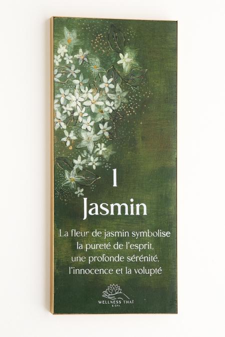 Signalétique du Wellness Thaï & Spa imaginé par Jérôme Barrier. 12 peintures originales peintes par l'artiste Céline Delaire et sérigraphiées par l'Atelier Parades. Cabine 1 Jasmin.