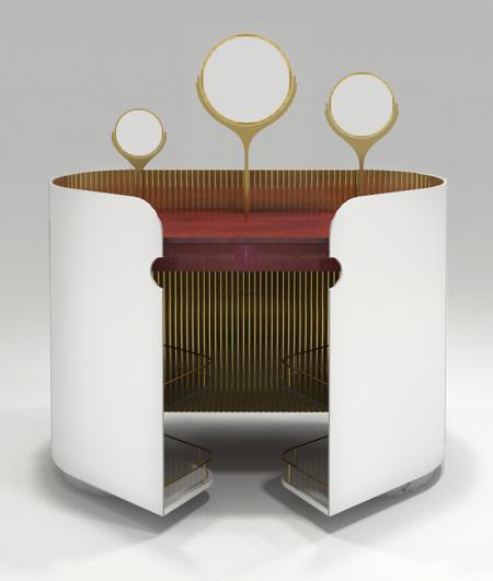 Coiffeuse unique dessiné par Jérôme Barrier, designer à Vertou. En métal et laiton, galucha. Portes ouvertes.