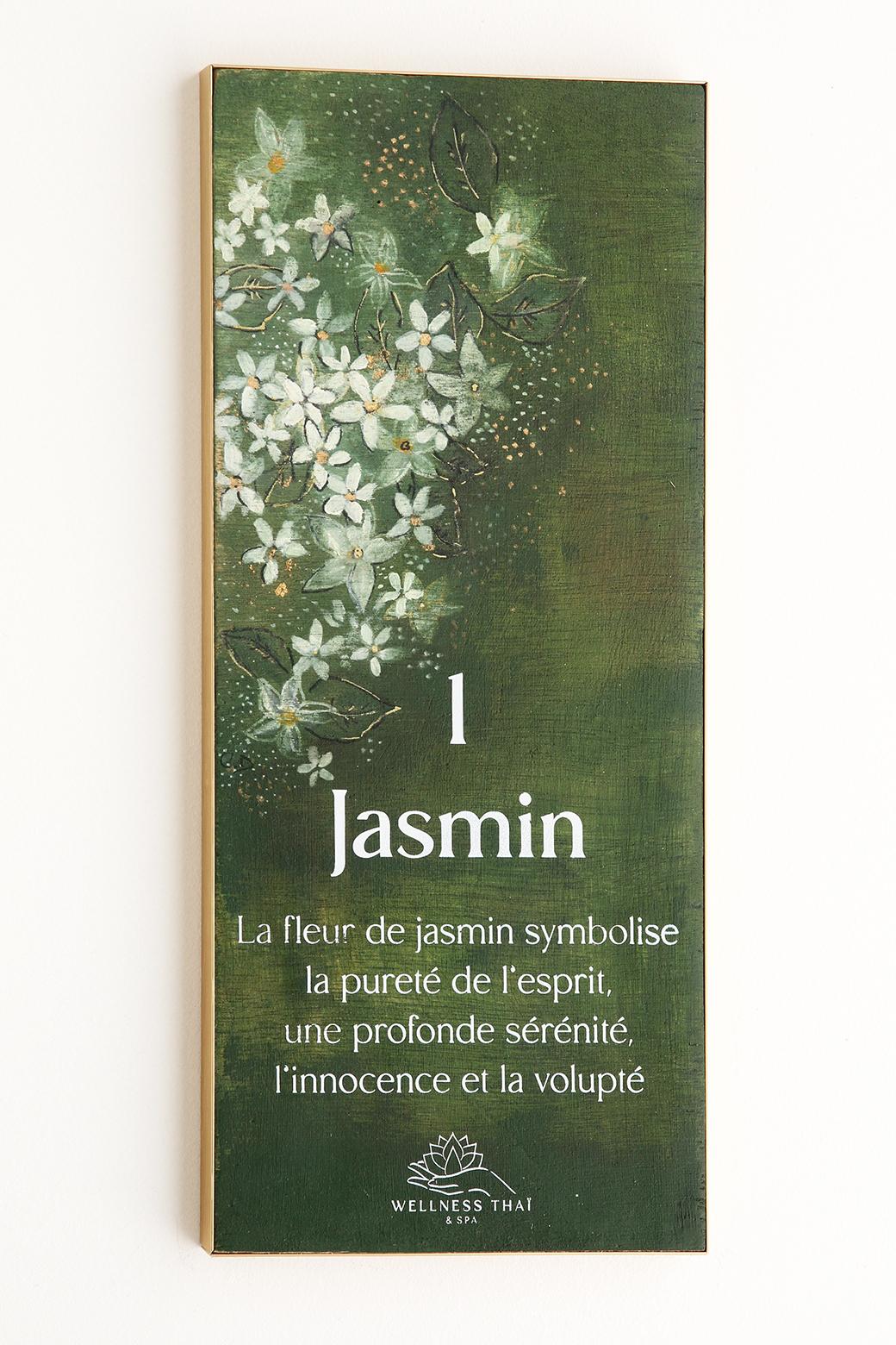 Signalétique du Wellness Thaï & Spa imaginé par Jérôme Barrier. 12 peintures originales peintes par l'artiste Céline Delaire et sérigraphiées par l'Atelier Parades. Cabine 1 Jasmin.