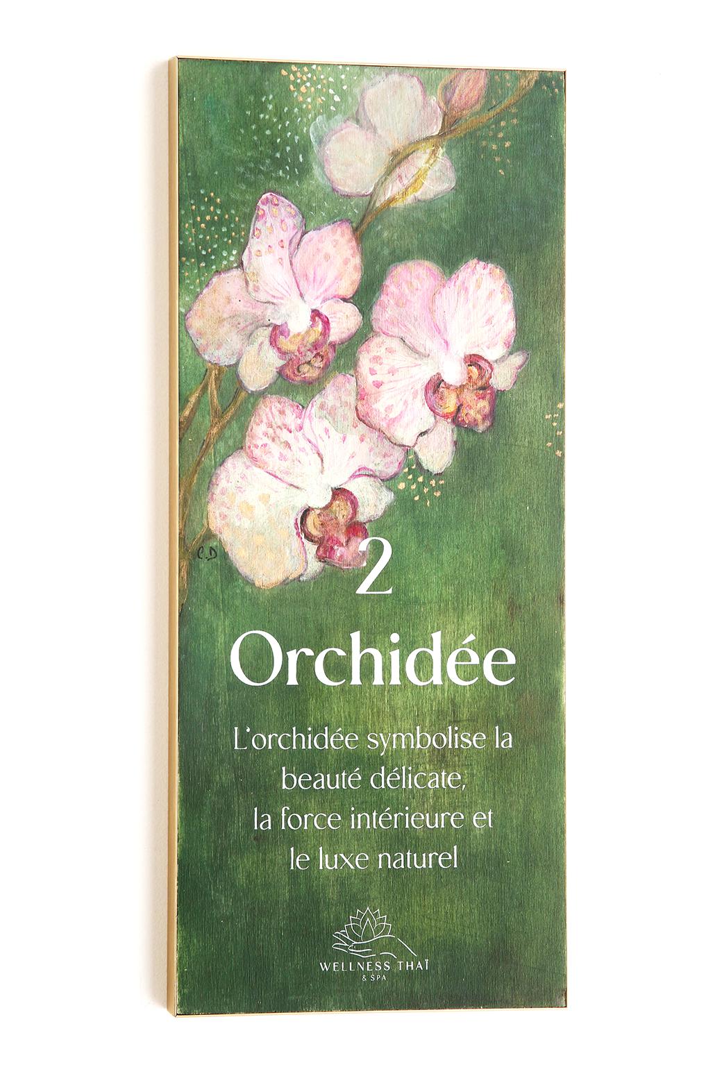 Signalétique du Wellness Thaï & Spa imaginé par Jérôme Barrier. 12 peintures originales peintes par l'artiste Céline Delaire et sérigraphiées par l'Atelier Parades. Cabine 2 Orchidee.