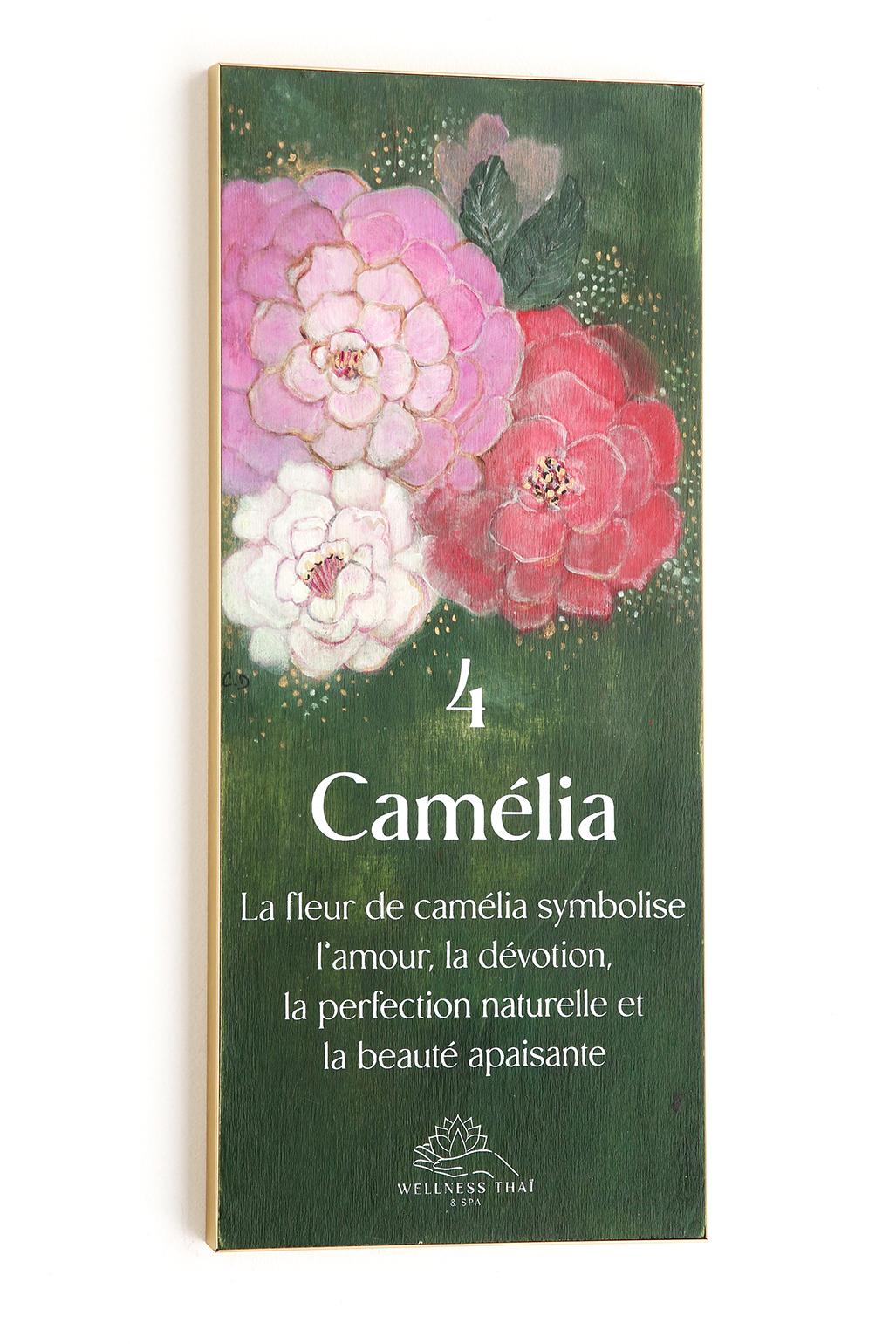 Signalétique du Wellness Thaï & Spa imaginé par Jérôme Barrier. 12 peintures originales peintes par l'artiste Céline Delaire et sérigraphiées par l'Atelier Parades. Cabine 4 Camelia.