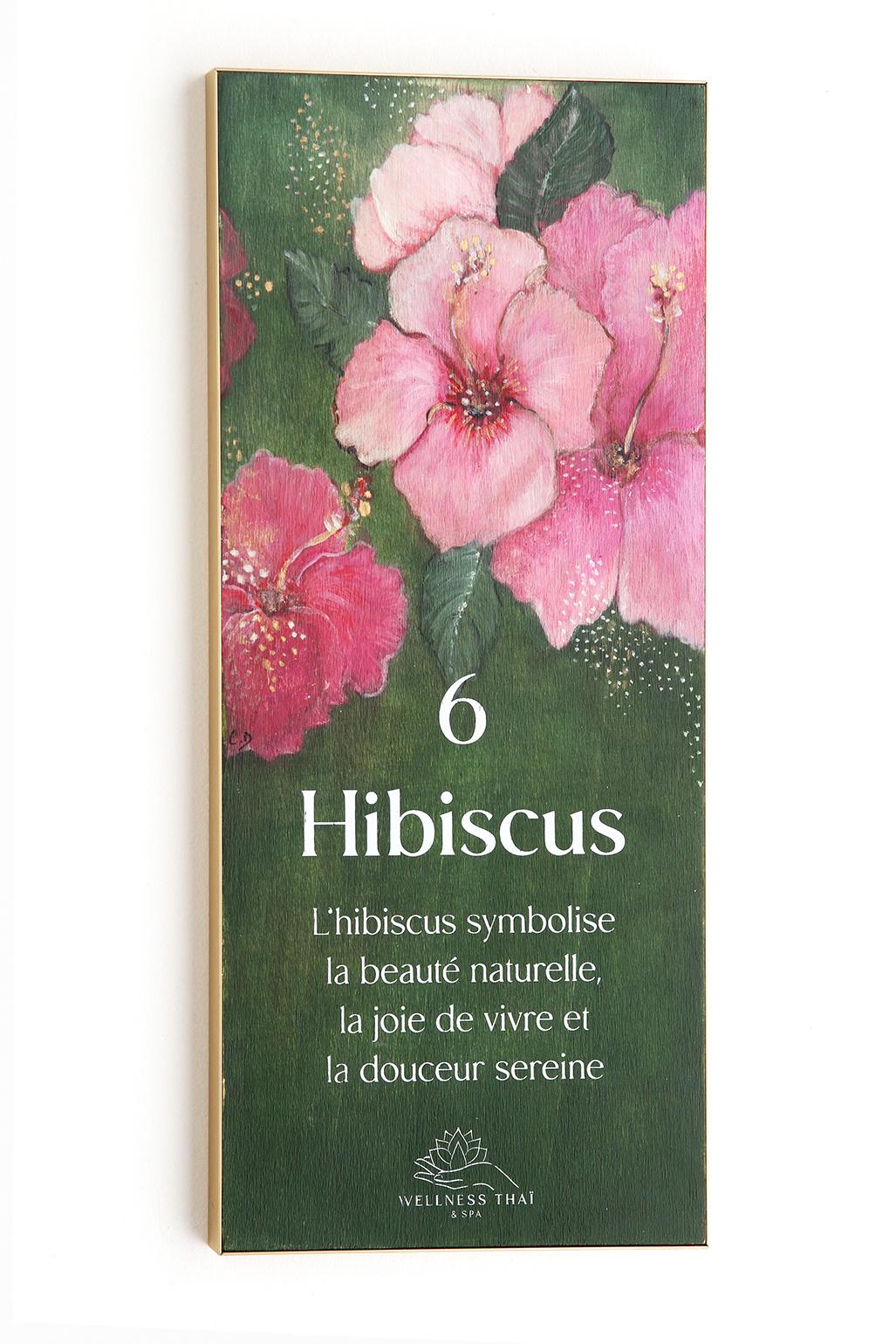 Signalétique du Wellness Thaï & Spa imaginé par Jérôme Barrier. 12 peintures originales peintes par l'artiste Céline Delaire et sérigraphiées par l'Atelier Parades. Cabine 6 Hibiscus