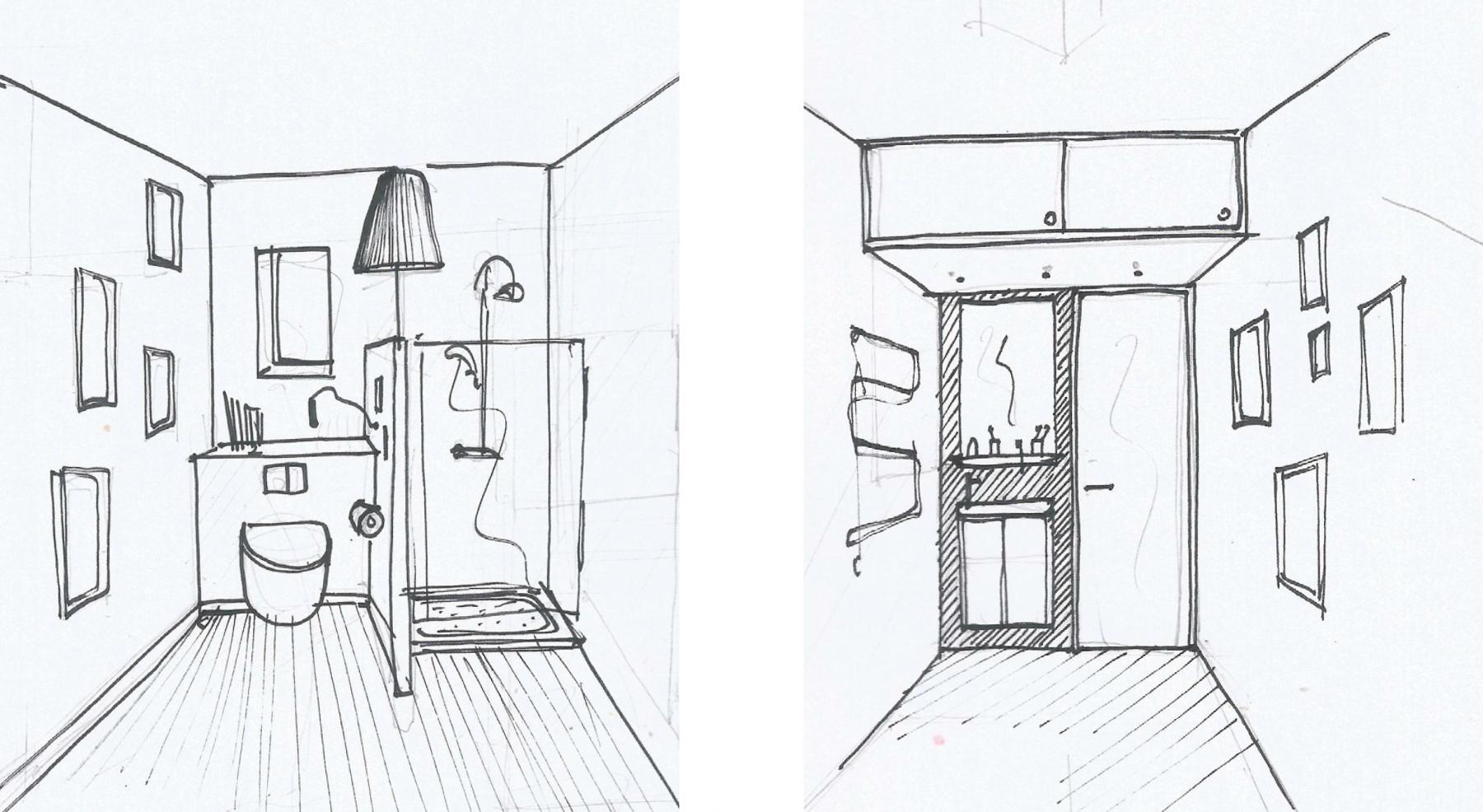 Dessin à main levée de la salle de bain commune. Projet-Tharon-plage-maison-de-vacances-jerome-barrier
