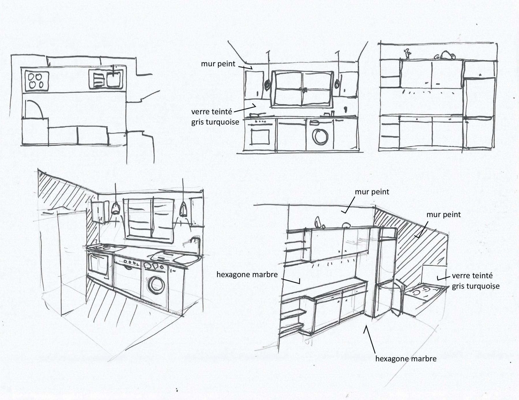 Dessin à main levée de la cuisine. Projet-Tharon-plage-maison-de-vacances-jerome-barrier