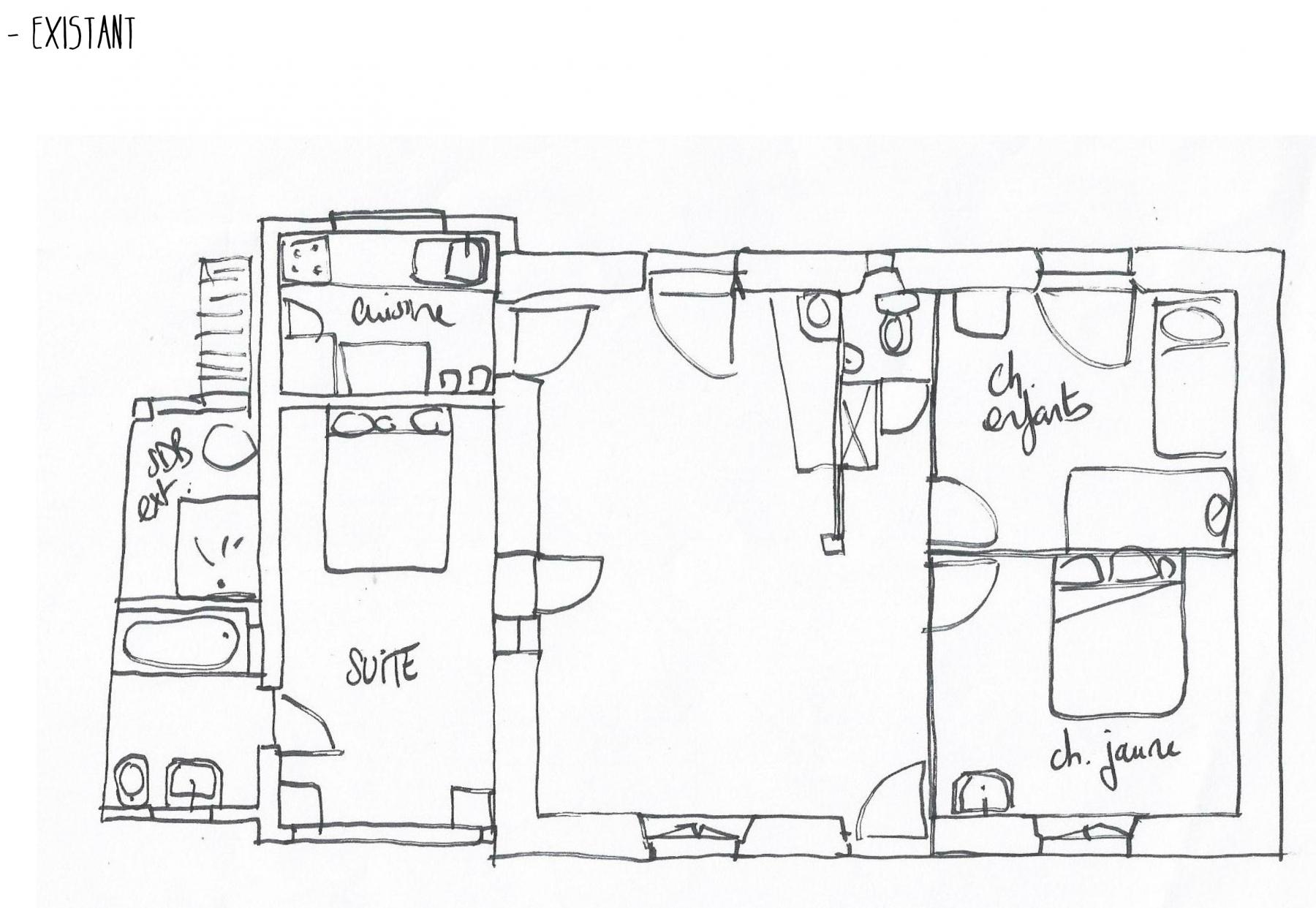 Dessin à main levée du plan de l'existant. Projet-Tharon-plage-maison-de-vacances-jerome-barrier