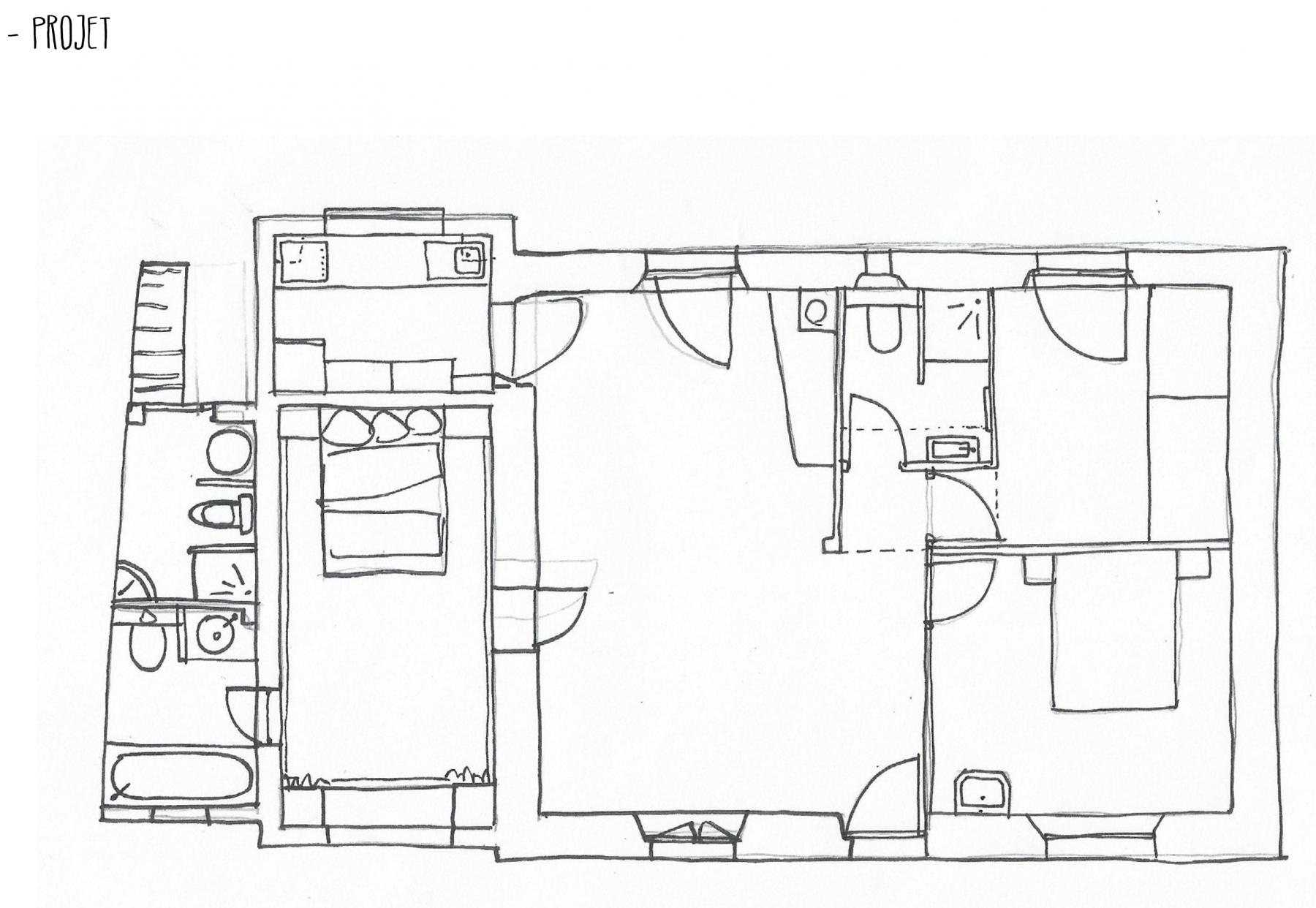 Dessin à main levée du plan projeté. Projet-Tharon-plage-maison-de-vacances-jerome-barrier
