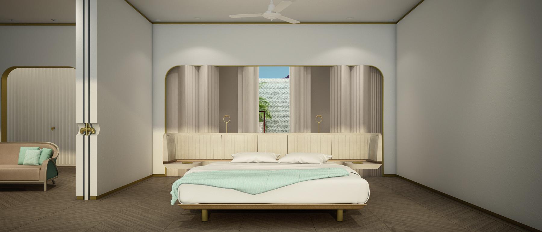 Vue sur la porte ouverte qui donne sur la salle de bain derrière le lit sur mesure. 