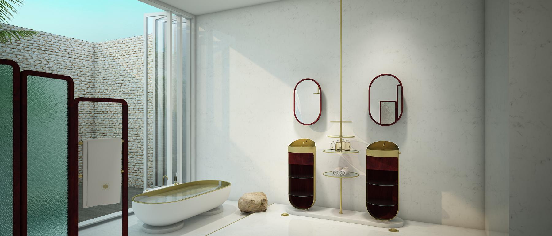 Vue des 2 éviers comme des socles. Salle de bain de la suite. Coiffeuse unique, baignoire unique et lavabo sur pieds.