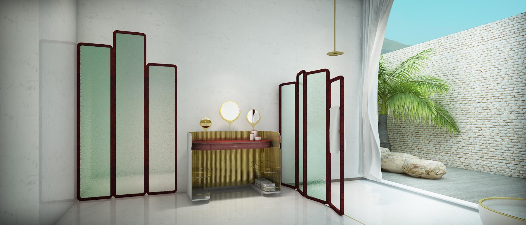 Salle de bain sur mesure avec sa coiffeuse et des paravents en bois et verre sur mesure, Jérôme Barrier. 