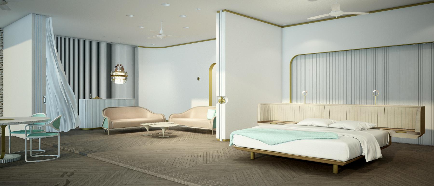 Vue depuis la terrasse de la suite dans un Hôtel de luxe en Thaïlande. Mobilier et accessoires, créations origniales Jérôme Barrier. 