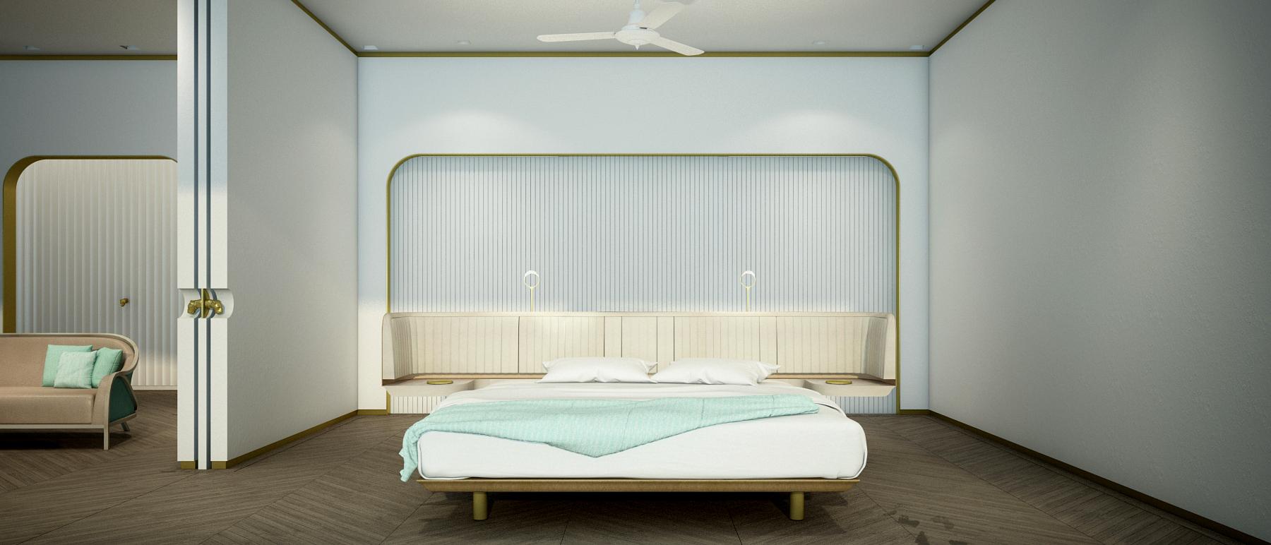 Lit de la suite sur mesure avec accoudoir comme une voiture, tables de nuit intégrées. Dans le fond, nous voyons la porte qui donne sur la salle de bain.