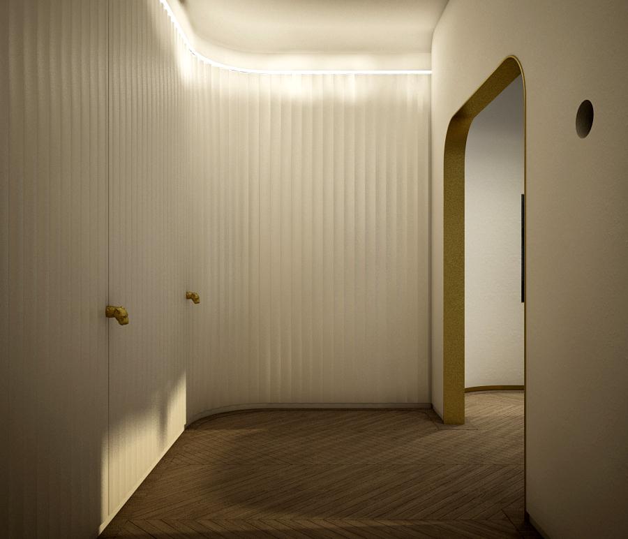 Hall d'entrée de la suite. Poignées de porte en bronze. Tête d'animal.