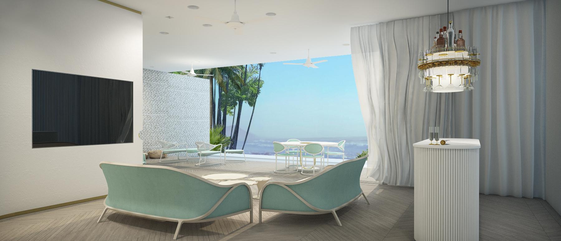 Vue sur le salon de la suite. Un bar. Un lustre bar. Canapés sur mesure.