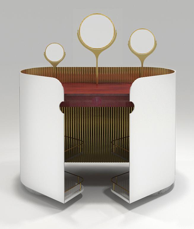 Coiffeuse unique dessiné par Jérôme Barrier, designer à Vertou. En métal et laiton, galucha. Portes ouvertes.
