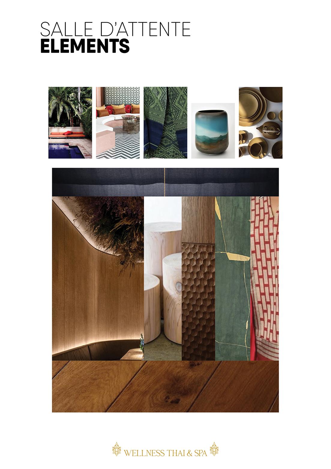 Réalisation d'un moodboard pour Wellness Thaï & Spa. Ici Jérôme Barrier défini des éléments de la salle d'attente.