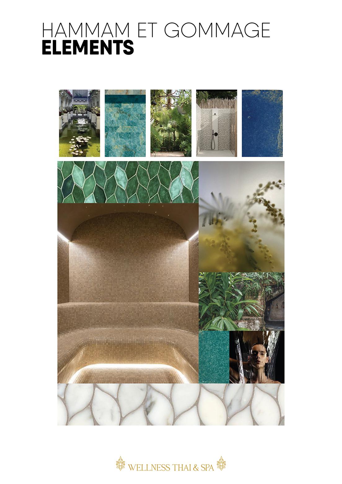 Réalisation d'un moodboard pour Wellness Thaï & Spa. Ici Jérôme Barrier défini des éléments du hammam et de la salle de gommage.